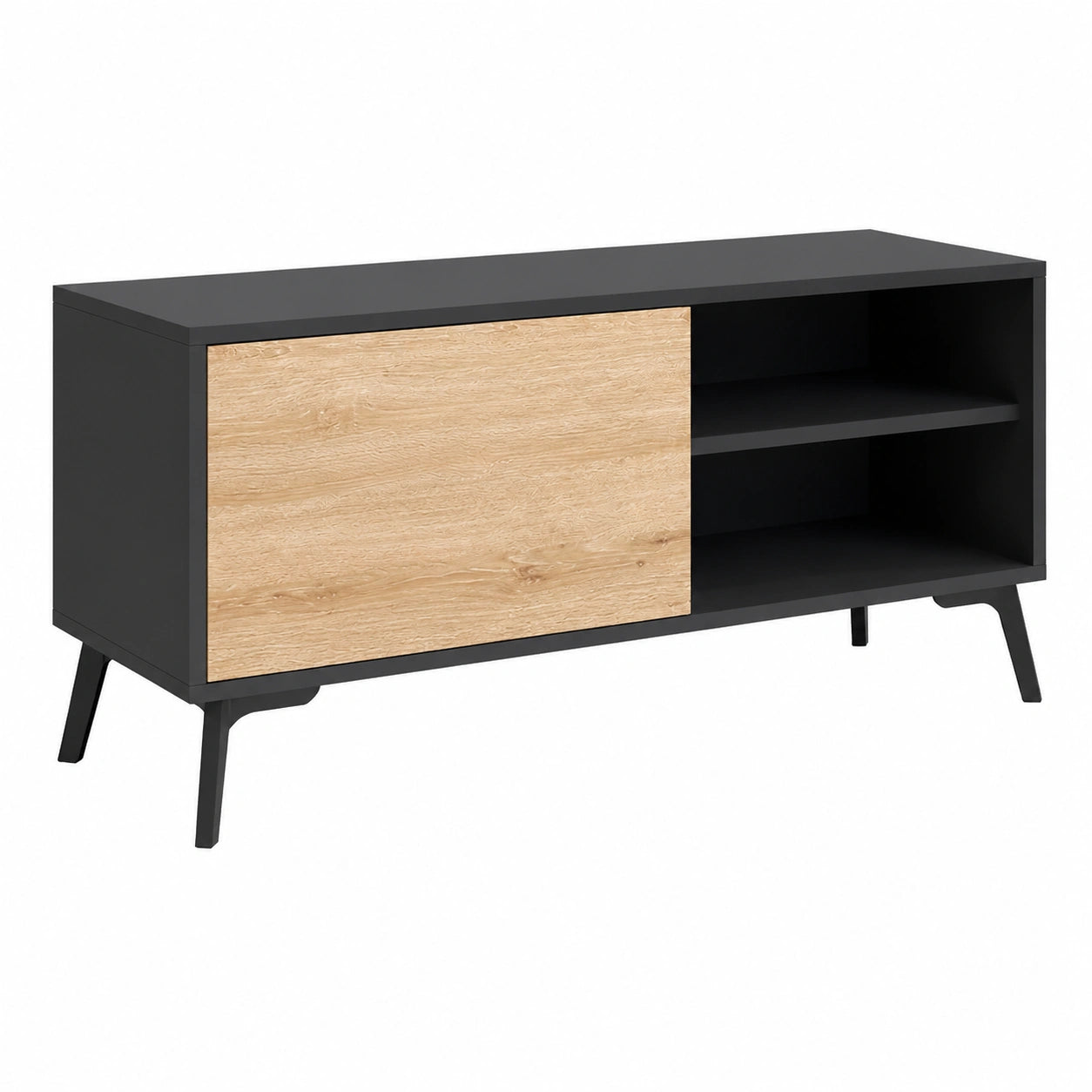 Meuble TV Bas Moderne avec Porte, Noir et Sonoma