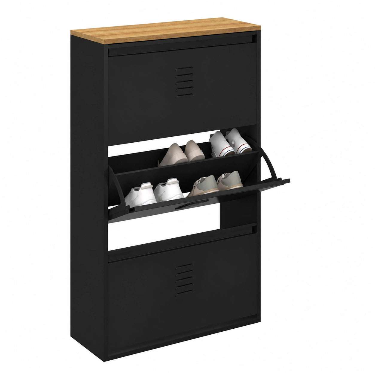 Armoire ¨¤ Chaussures 3 Portes, 18 Paires, M¨¦tal Noir et Bois, Style Industriel