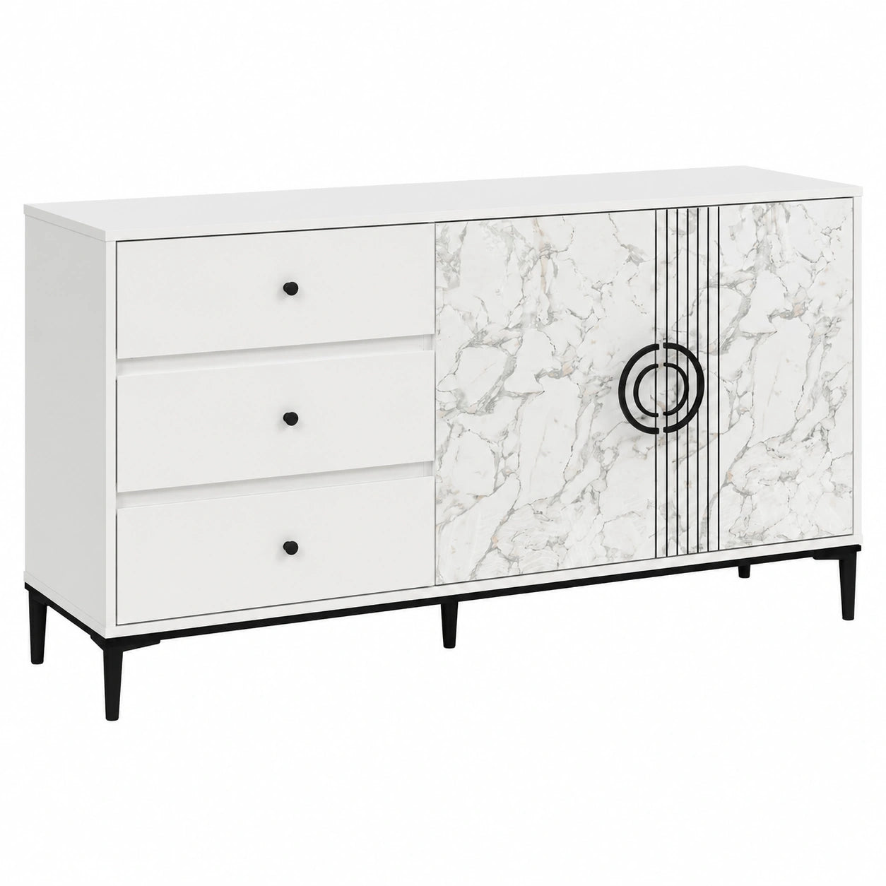 Buffet moderne avec 2 portes et 3 tiroirs en marbre blanc