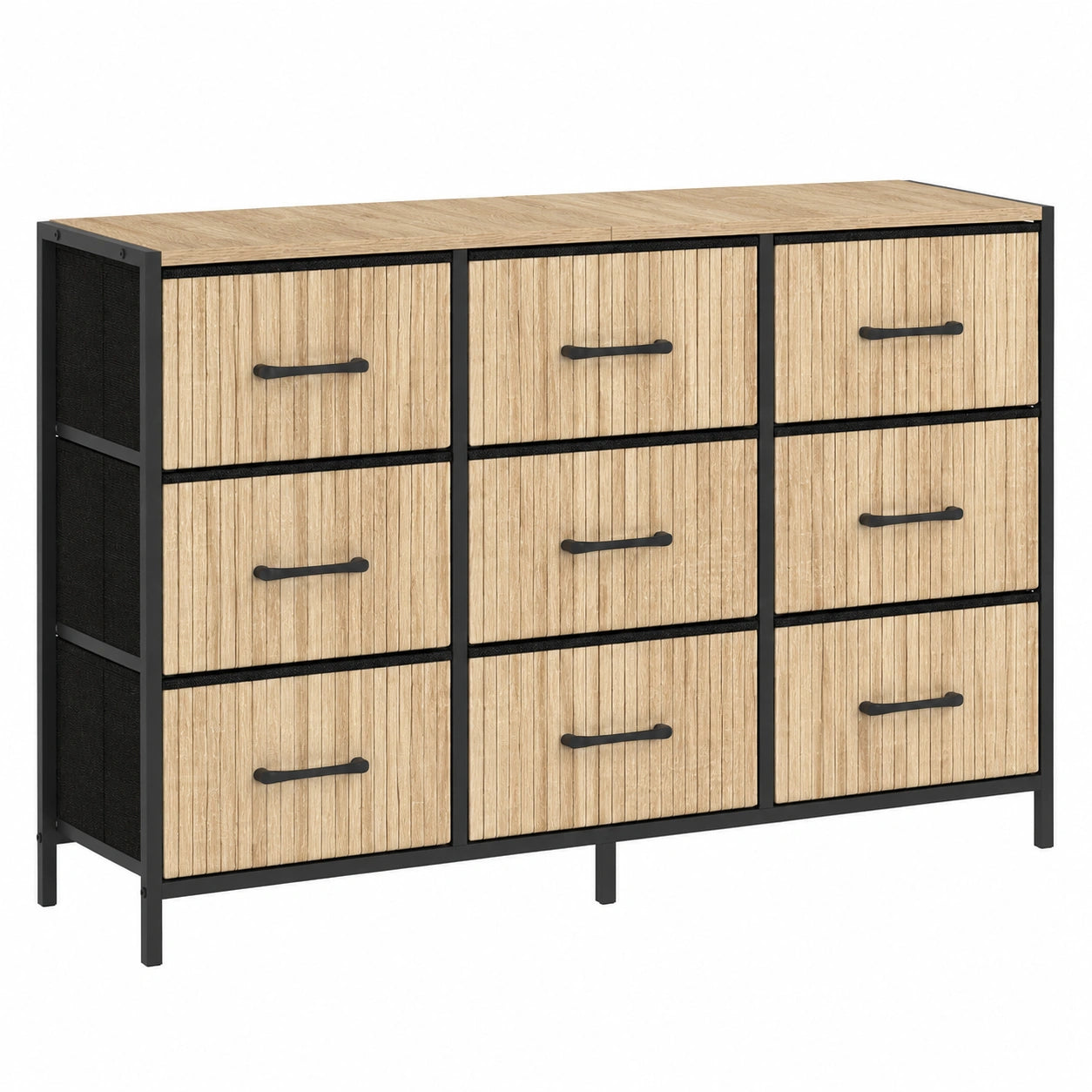 Commode 9 tiroirs en tissu ¨¤ lattes effet industriel 115 cm