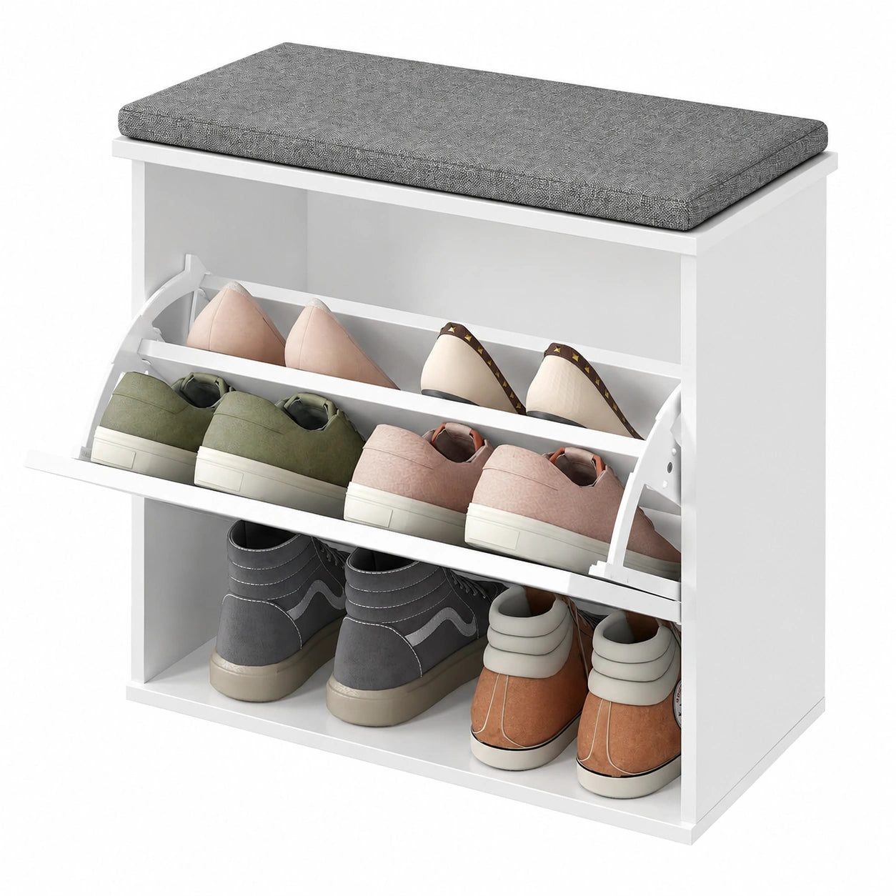 Banc d'entr¨¦e avec rangement pour chaussures, 3 niveaux, tiroir rabattable, blanc et gris
