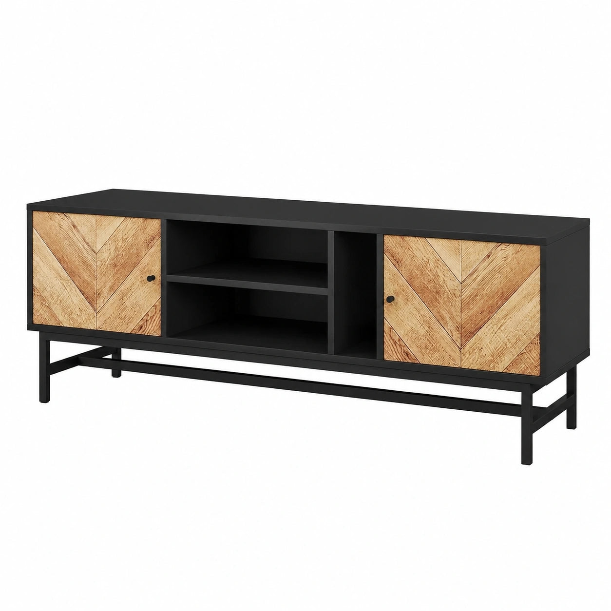 Meuble TV Design avec Rangements Multiples, Noir et Bois