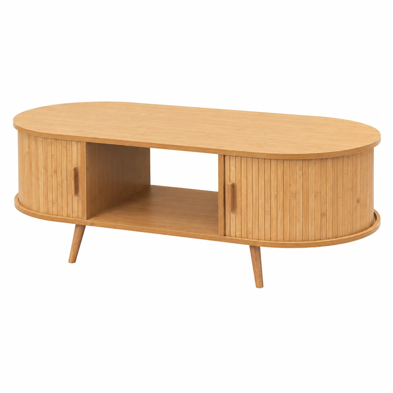 Table basse avec portes coulissantes et compartiments de rangement en bois naturel