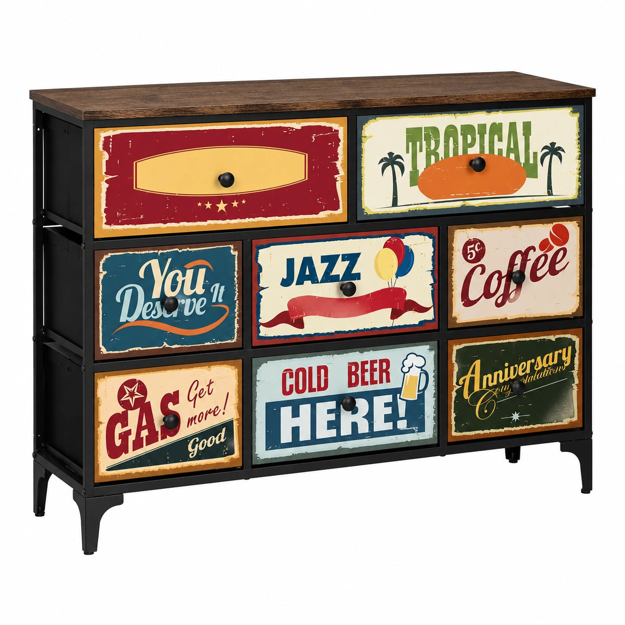 Commode 8 tiroirs avec motifs vintage et structure en m¨¦tal